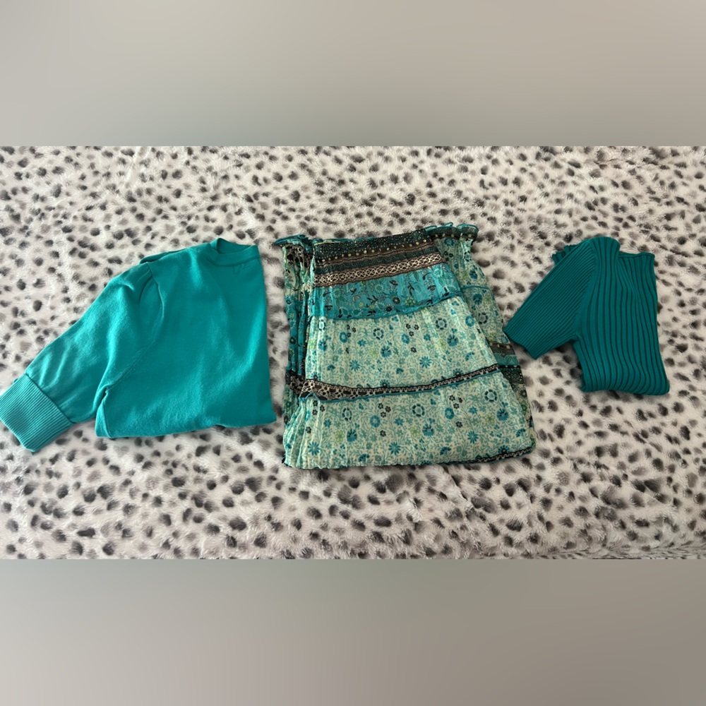 Teal & Turquoise Mixed Tops and Printed Skirt Bundle Set